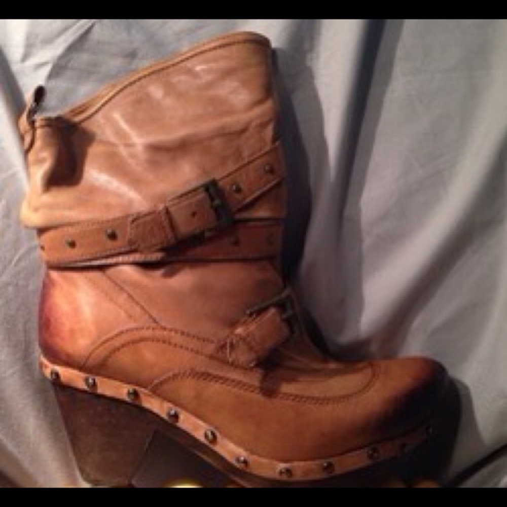 Women's Tan Leather Mid-Calf Wedge Boot with Stud Details